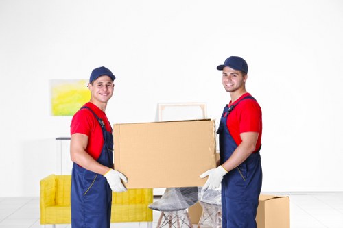 Professional packers organising boxes in a Kensington home