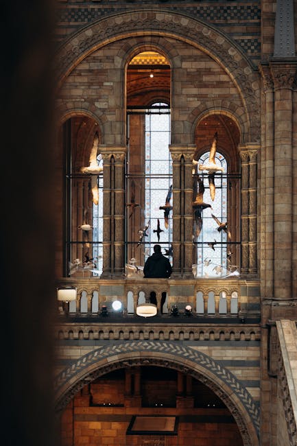 The image depicts the interior of a historic, grand hall with a high, arched ceiling supported by ornate metal framework and large, arched windows allowing natural light to illuminate the space. The walls are built with stone bricks and feature decorative arches and columns. A wide staircase with stone balustrades leads down to the central level where a statue is visible in front of a series of tall, narrow windows. The spacious area appears suitable for a museum or gallery, with no furniture or objects related to house removals visible. This setting is associated with historic architecture, possibly related to the context of house or museum relocations, as referenced by the title 'South Kensington removals for museum moves, KENSINGTON.' The overall scene emphasizes the structural details and grandeur of the building, implying careful handling during transport or moving services.